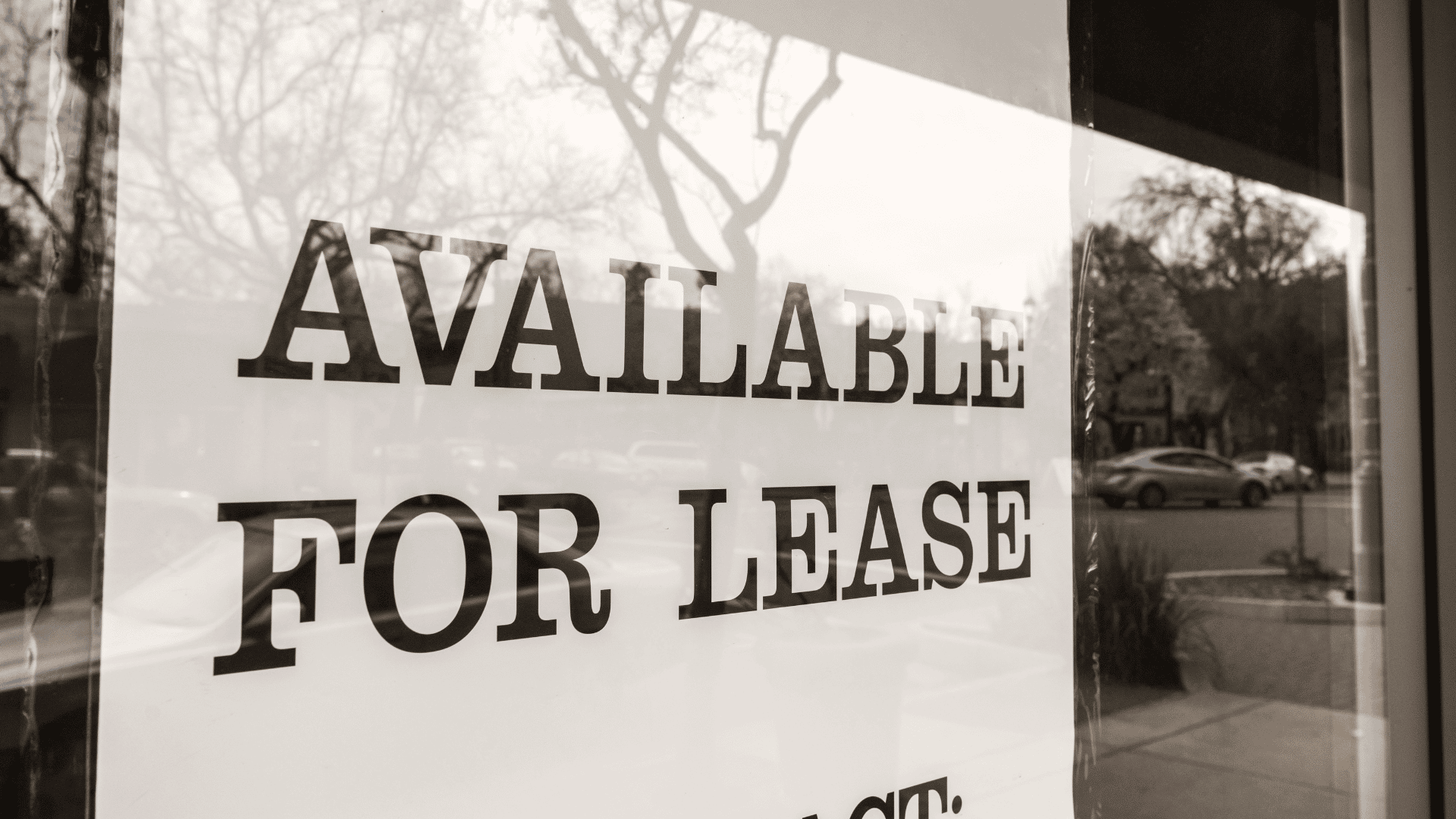 Sign in window of commercial property that reads: Available for lease. Commercial lease lawyers Sydney. Property Conveyancing Sydney. Conveyancing Solicitors.