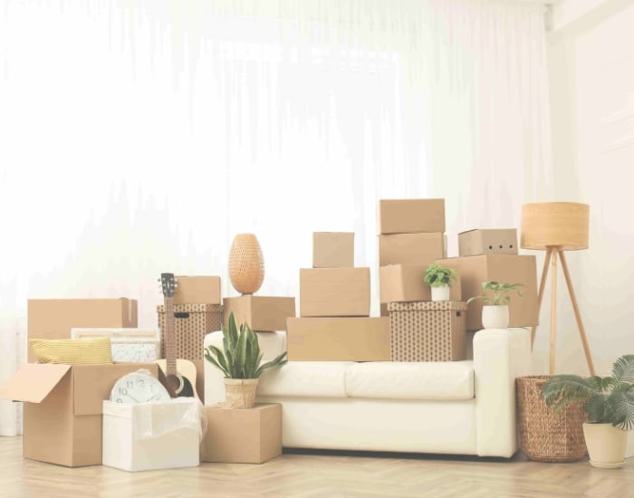 Cardboard boxes, potted plants and household belongings ready for moving. Illustrating the topic of who moves out when you separate.